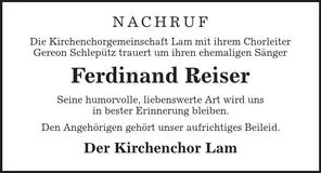 Traueranzeige Ferdinand Reiser