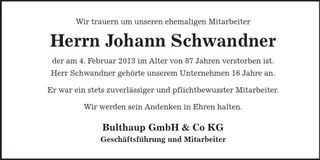 Traueranzeige Johann Schwandner