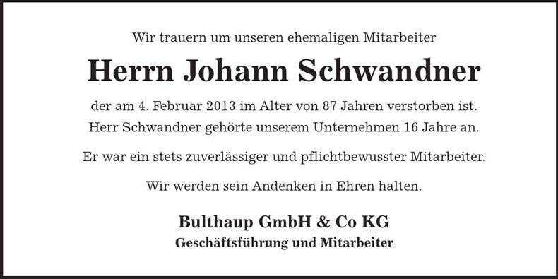 Traueranzeige Johann Schwandner