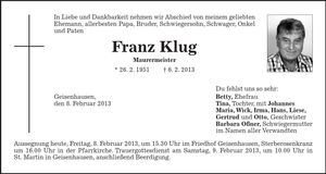 Traueranzeige Franz Klug