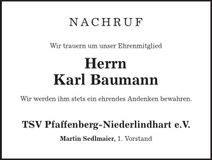 Traueranzeige Karl Baumann