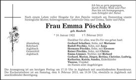 Traueranzeige Emma Pöschko