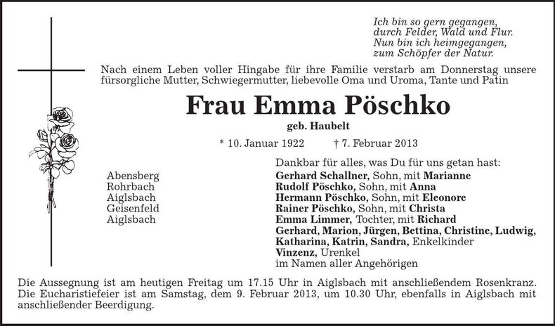 Traueranzeige Emma Pöschko