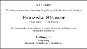 Traueranzeige Franziska Strasser