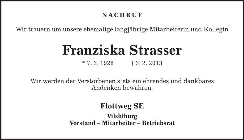 Traueranzeige Franziska Strasser