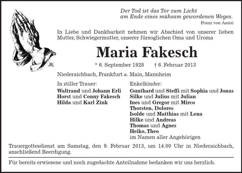 Traueranzeige Maria Fakesch