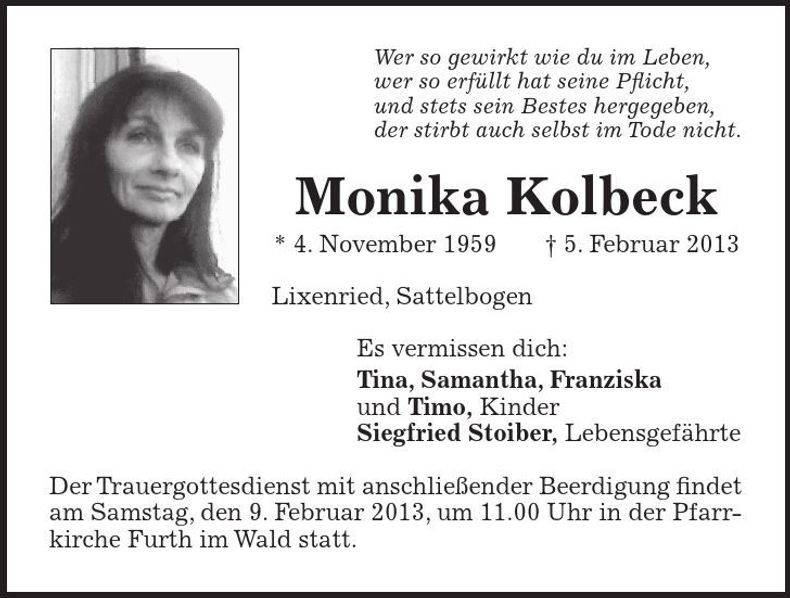 Traueranzeige Monika Kolbeck