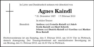 Traueranzeige Agnes Kaindl