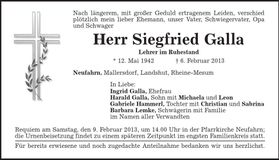 Traueranzeige Siegfried Galla