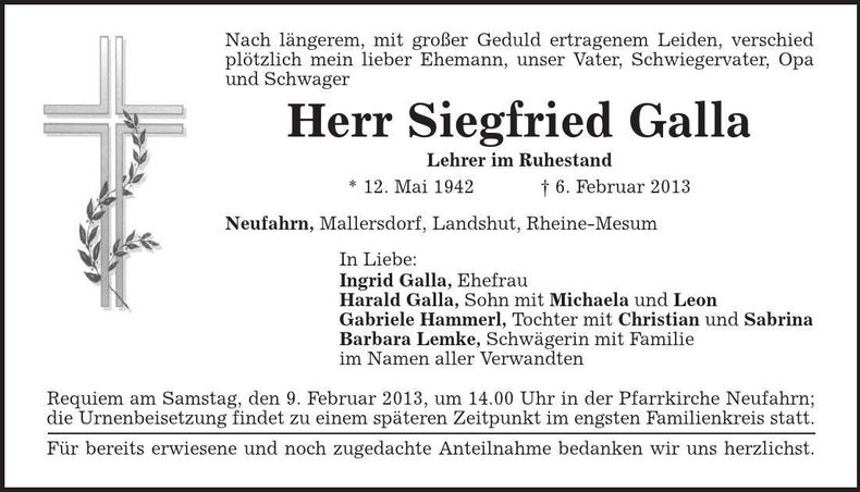 Traueranzeige Siegfried Galla