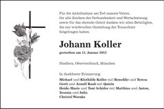 Traueranzeige Johann Koller