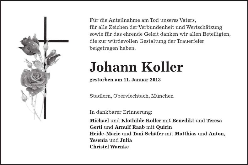 Traueranzeige Johann Koller