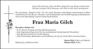 Traueranzeige Maria Gilch