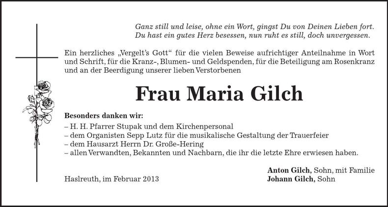 Traueranzeige Maria Gilch