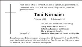 Traueranzeige Toni Kirmaier