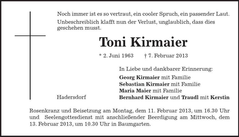 Traueranzeige Toni Kirmaier