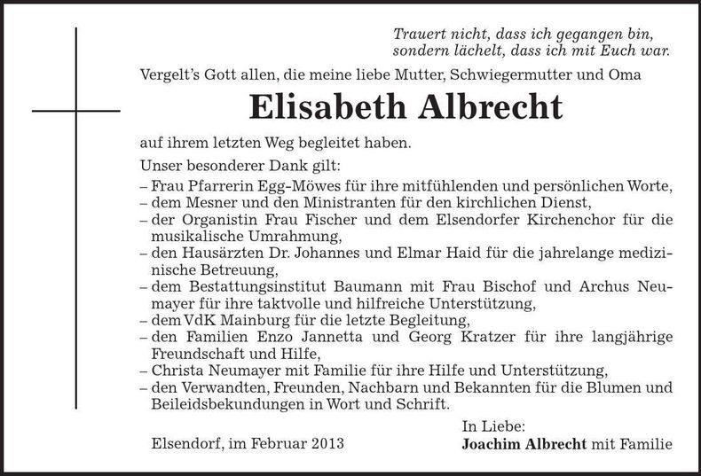 Traueranzeige Elisabeth Albrecht