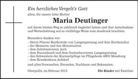 Traueranzeige Maria Deutinger