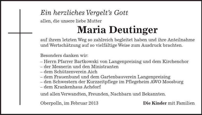 Traueranzeige Maria Deutinger