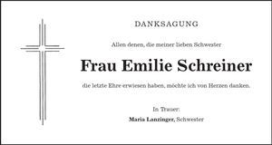 Traueranzeige Emilie Schreiner