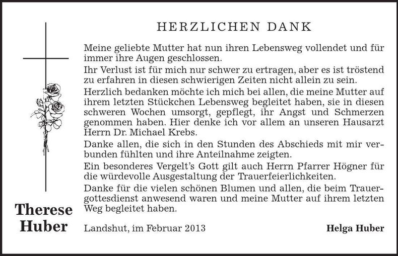 Traueranzeige Therese Huber