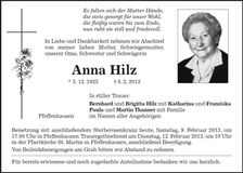 Traueranzeige Anna Hilz