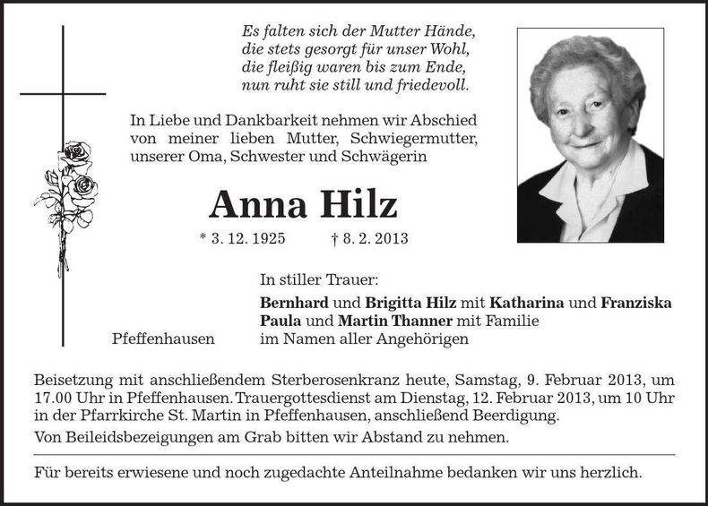 Traueranzeige Anna Hilz