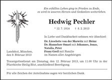 Traueranzeige Hedwig Pechler