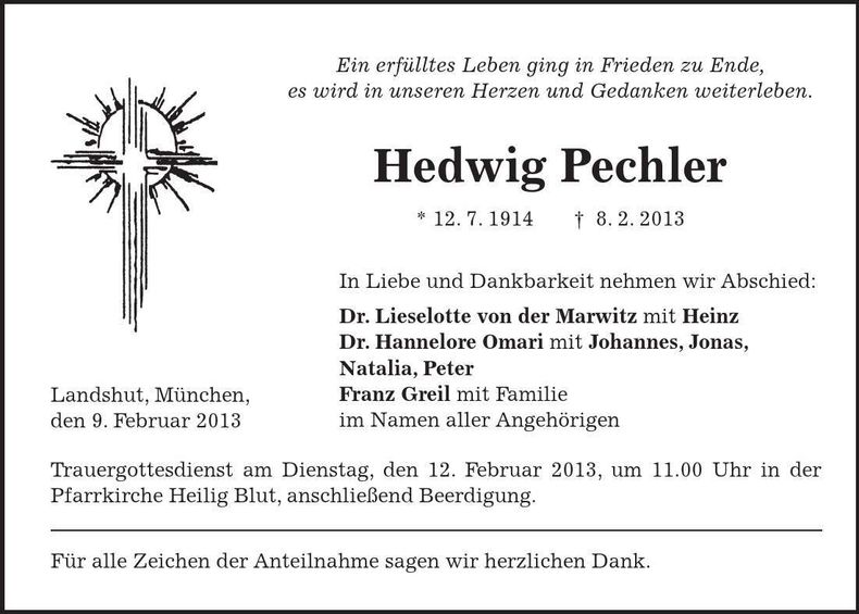 Traueranzeige Hedwig Pechler