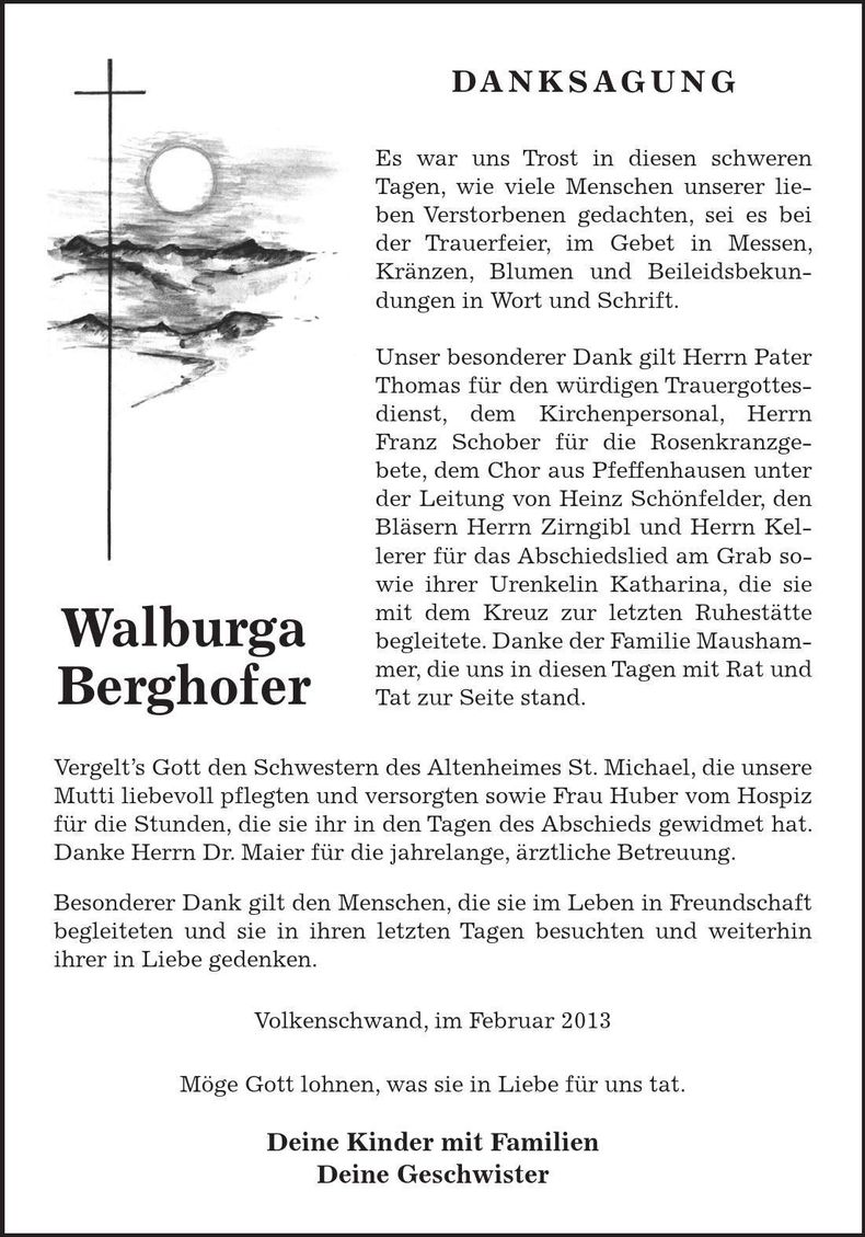Traueranzeige Walburga Berghofer
