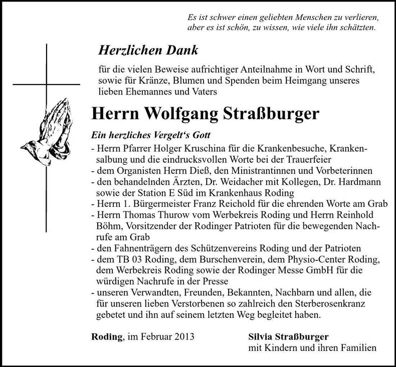 Traueranzeige Wolfgang Straßburger