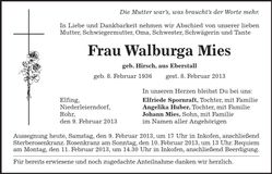 Traueranzeige Walburga Mies