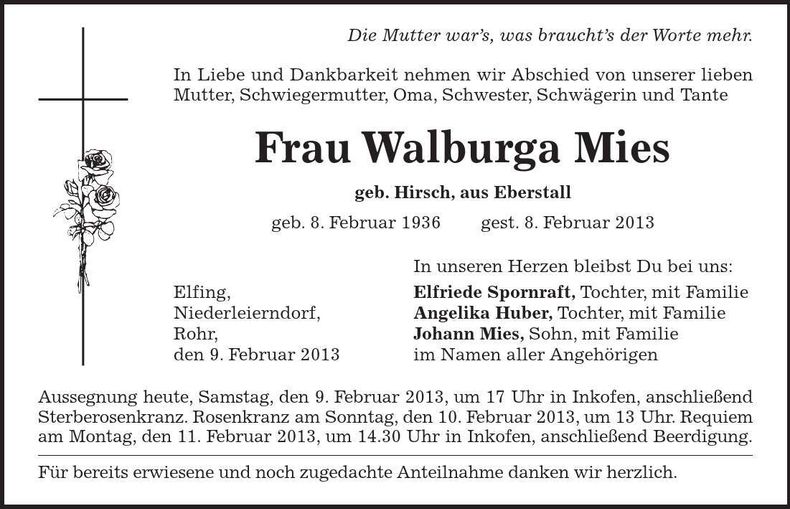 Traueranzeige Walburga Mies