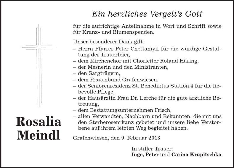 Traueranzeige Rosalia Meindl