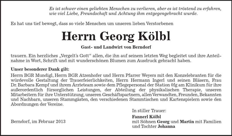 Traueranzeige Georg Kölbl