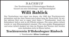 Traueranzeige Willi Bablick