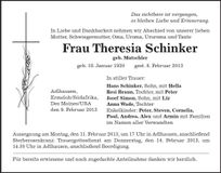 Traueranzeige Theresia Schinker