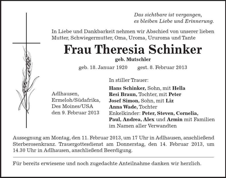 Traueranzeige Theresia Schinker