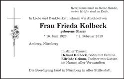 Traueranzeige Frieda Kolbeck
