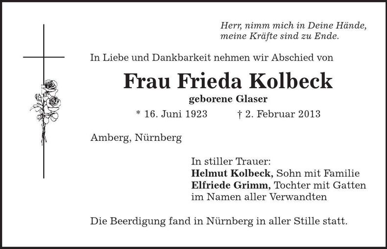 Traueranzeige Frieda Kolbeck