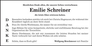Traueranzeige Emilie Schreiner