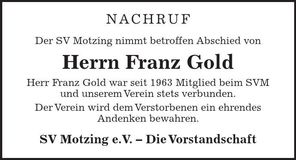 Traueranzeige Franz Gold