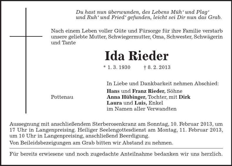 Traueranzeige Ida Rieder