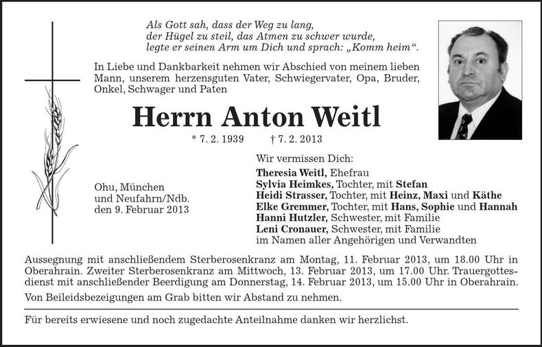 Traueranzeige Anton Weitl