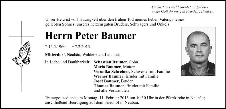 Traueranzeige Peter Baumer