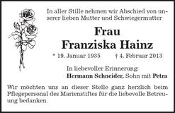 Traueranzeige Franziska Hainz