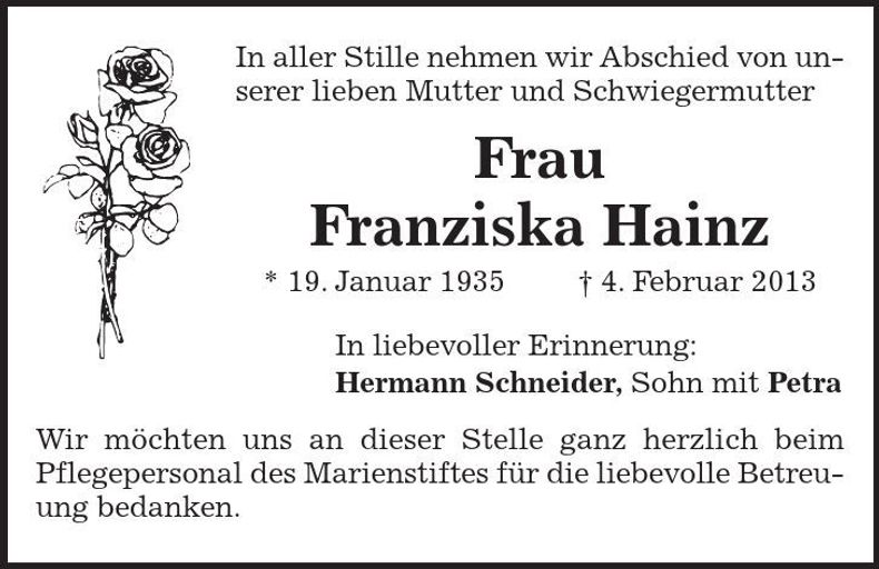 Traueranzeige Franziska Hainz