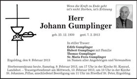 Traueranzeige Johann Gumplinger