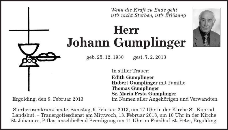 Traueranzeige Johann Gumplinger