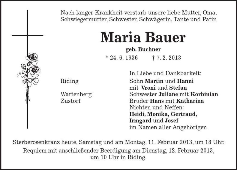 Traueranzeige Maria Bauer